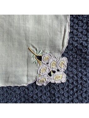 Enith’s Vintage White Embroidered Floral Corner Handkerchief Purple Flowers